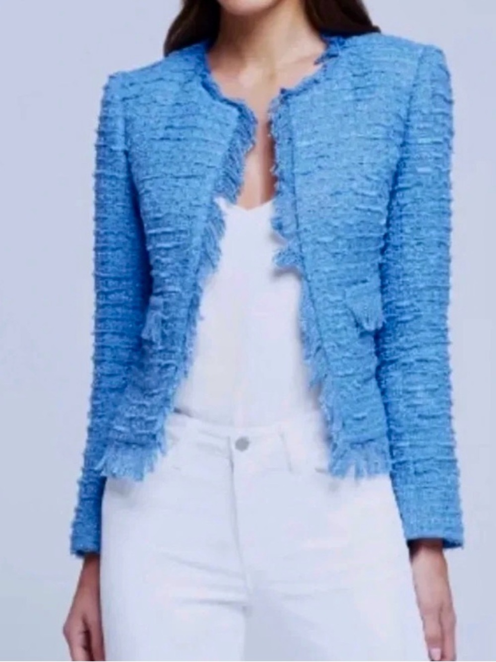 L'Agence Angelina Tweed Fringe Blazer in Riviera Blue Sz 4